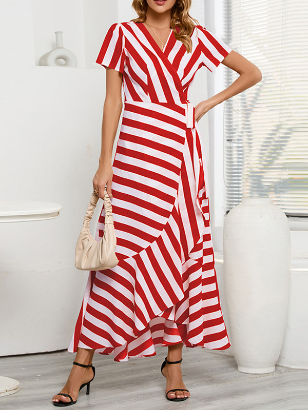 High-Low Loose Split-Joint Striped Tied V-Neck Maxi Dresses