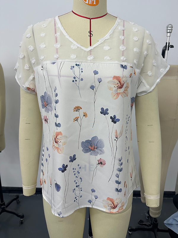 Loose Short Sleeves Flower Print Jacquard Split-Joint V-Neck T-Shirts Tops