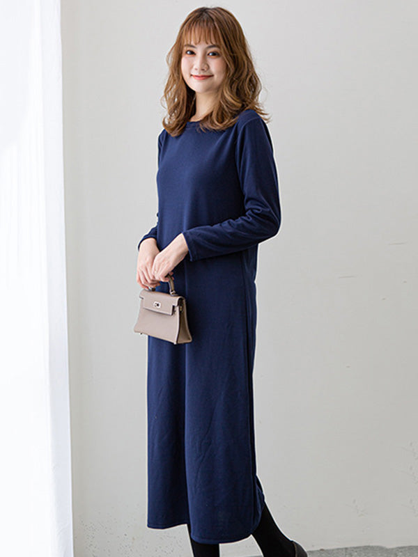 Simple Solid Color Round-Neck A-Line Midi Dress