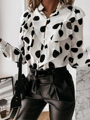 Long Sleeves Loose Pleated Polka-Dot Split-Joint Stand Collar Blouses