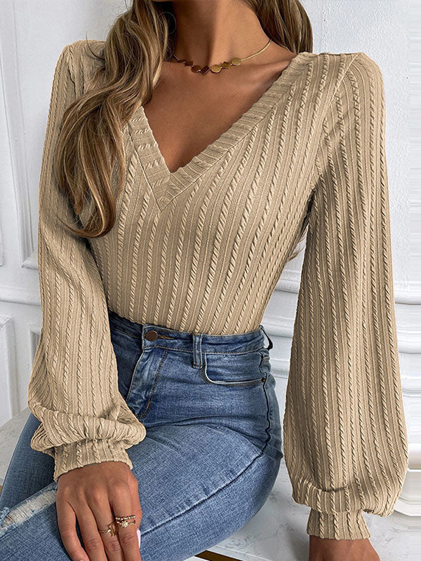 Long Sleeves Puff Sleeves Solid Color V-Neck T-Shirts Tops