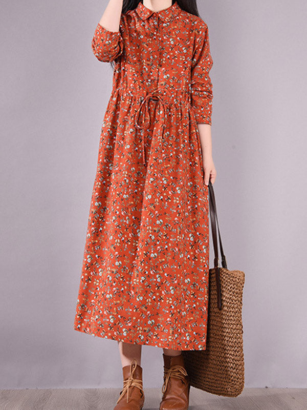 Original Lapel Frenum Floral Printed Midi Dress