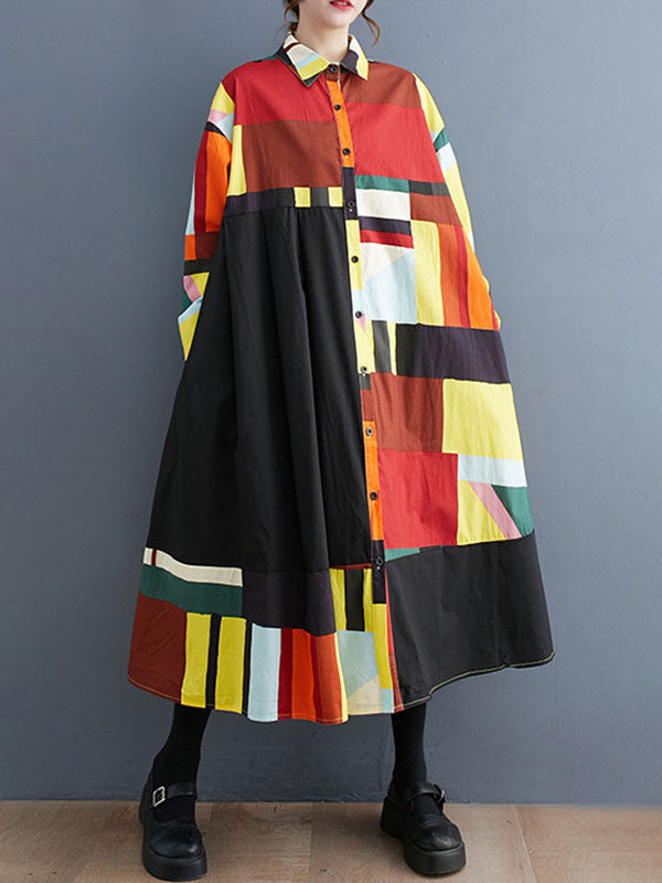 Long Sleeves Loose Color-Block Printed Split-Joint Lapel Midi Dresses