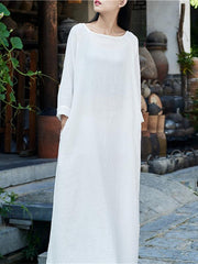 Soft White Long Sleeves Ramie Cotton Long Dress