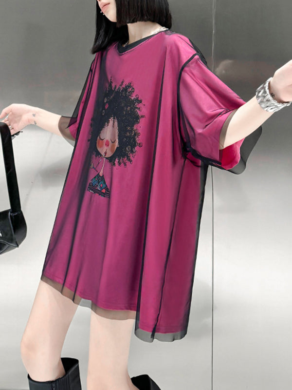 False Two Loose Gauze Printed Split-Joint Tiered Round-Neck T-Shirts Tops