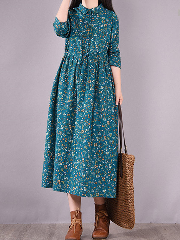 Original Lapel Frenum Floral Printed Midi Dress