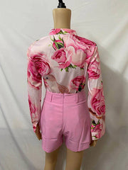 Long Sleeves Buttoned Flower Print Deep V-Neck Shirts Top +Belted Shorts Bottom Two Pieces Set