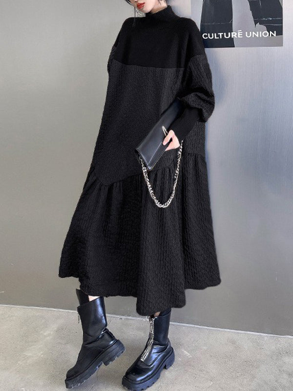 A-Line Long Sleeves Asymmetric Solid Color Split-Joint High-Neck Midi Dresses Sweater Dresses