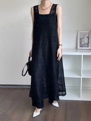 Loose Sleeveless Hollow Solid Color Split-Joint Split-Side V-Neck Maxi Dresses