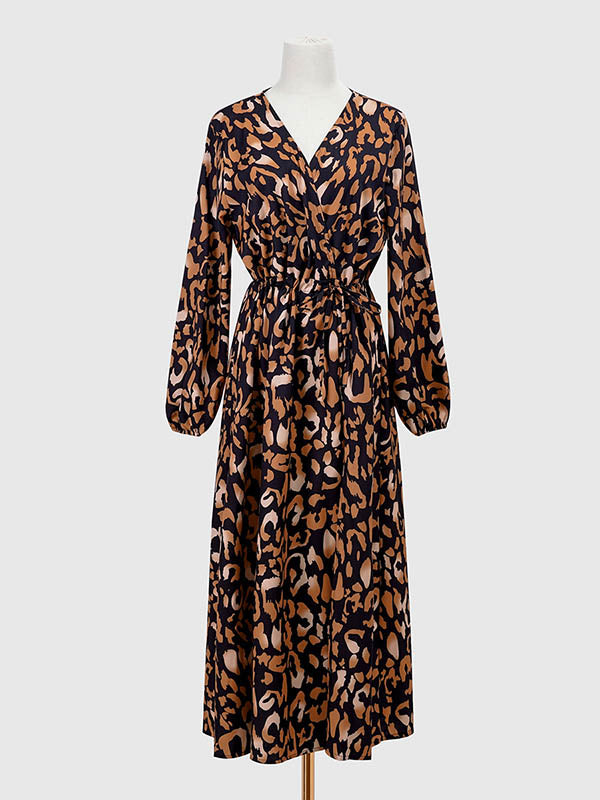 Long Sleeves Loose Drawstring Elasticity Leopard Split-Side V-Neck Midi Dresses