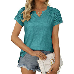 Pleated Short Sleeve T Shirts Casual V Neck Tunic