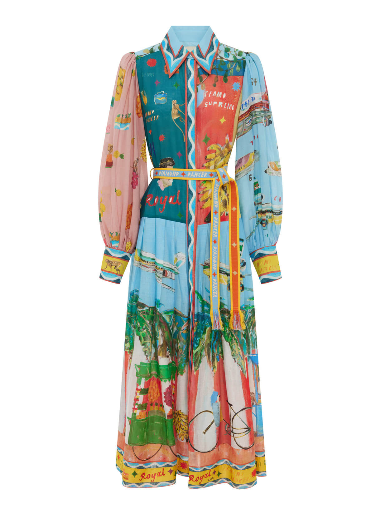 Unique Satin Art Floral Print Long Sleeve Tie Midi Dress