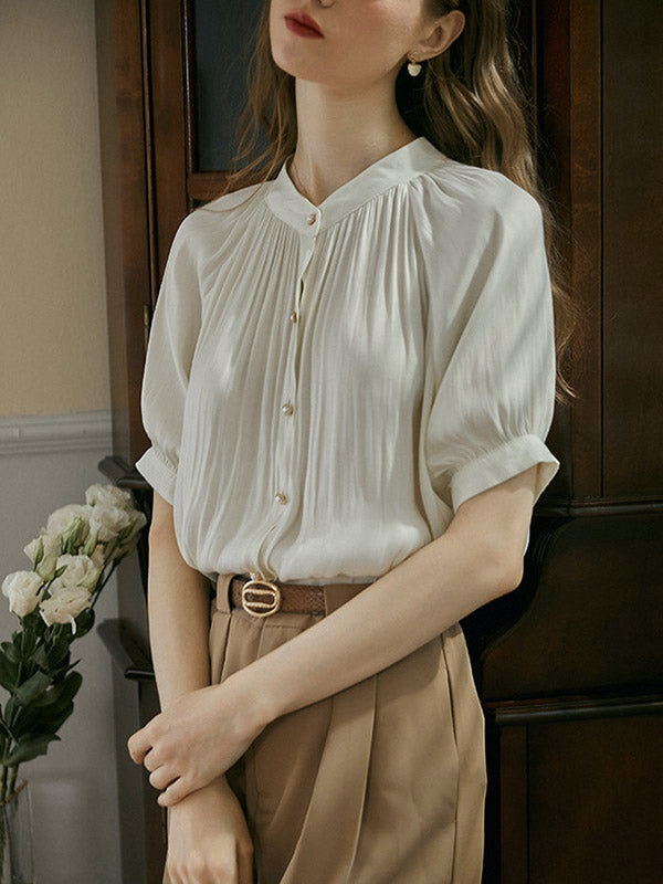 Loose Puff Sleeves Buttoned Pleated Round-Neck Blouses&Shirts Tops