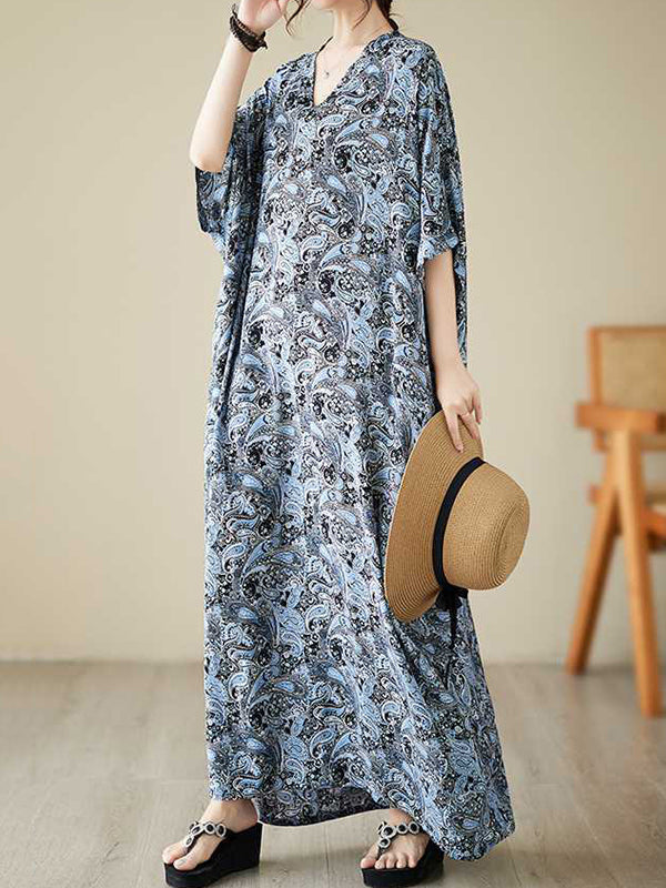 Batwing Sleeves Loose Printed V-Neck Maxi Dresses