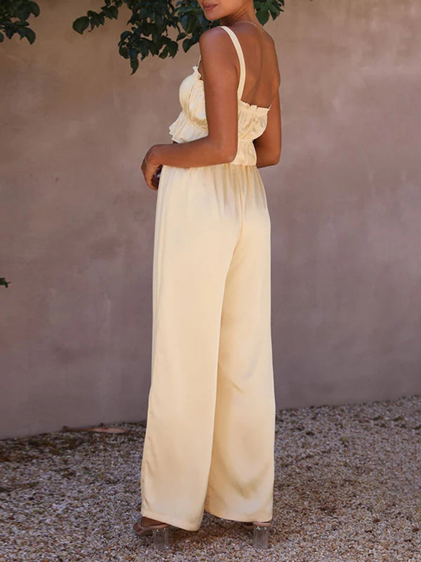 Elasticity Pleated Solid Color Spaghetti-Neck Tops + High Waisted Drawstring Pants Trousers Two Pieces Set