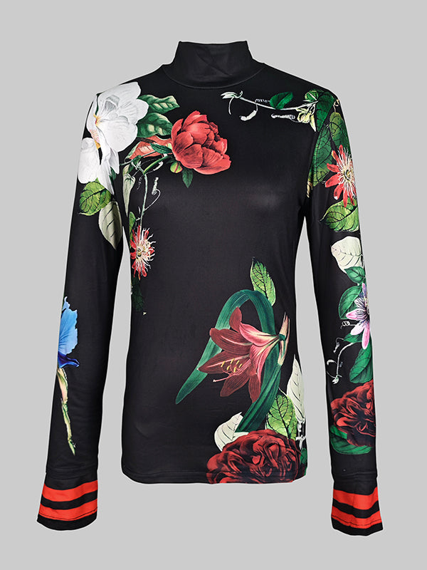 Long Sleeves Skinny Floral Printed Split-Joint High Neck T-shirts