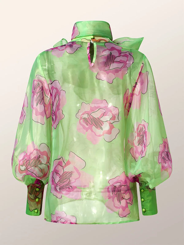 Loose Puff Sleeves Bow-Embellished Floral Printed See-Through Stand Collar Blouses&Shirts Tops