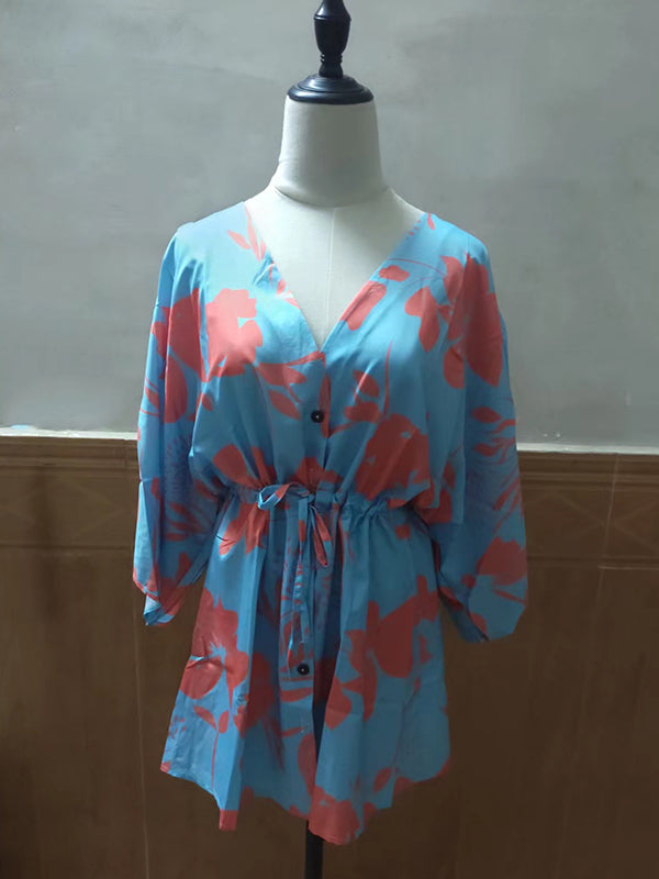 Original Loose Floral Printed Contrast Color Tied Mini Shirt Dress