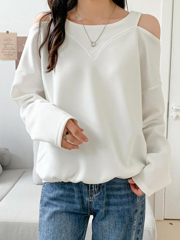 Long Sleeves Loose Hollow Solid Color Cold Shoulder T-Shirts Tops