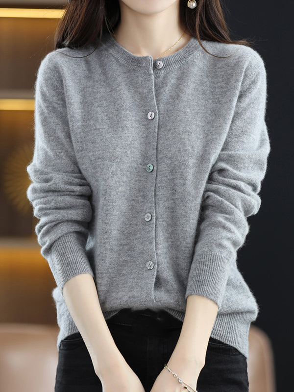 Long Sleeves Buttoned Elasticity Round-Neck Cardigan Tops Knitwear