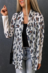 White Leopard Print Casual Open Front Cardigan