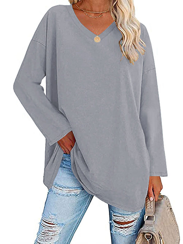 Long Sleeves Loose See-Through Solid Color Split-Joint V-Neck T-Shirts