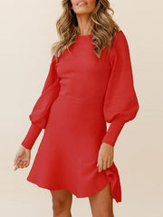 Puff Sleeves Wrap Solid Color Round-Neck Sweater Dress