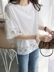 Half Sleeves Loose Hollow Solid Color Split-Joint Round-Neck T-Shirts Tops