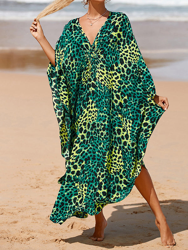 Batwing Sleeves Loose Leopard Split-Joint Split-Side Sun Protection V-Neck Beach Cover-Up Maxi Dresses