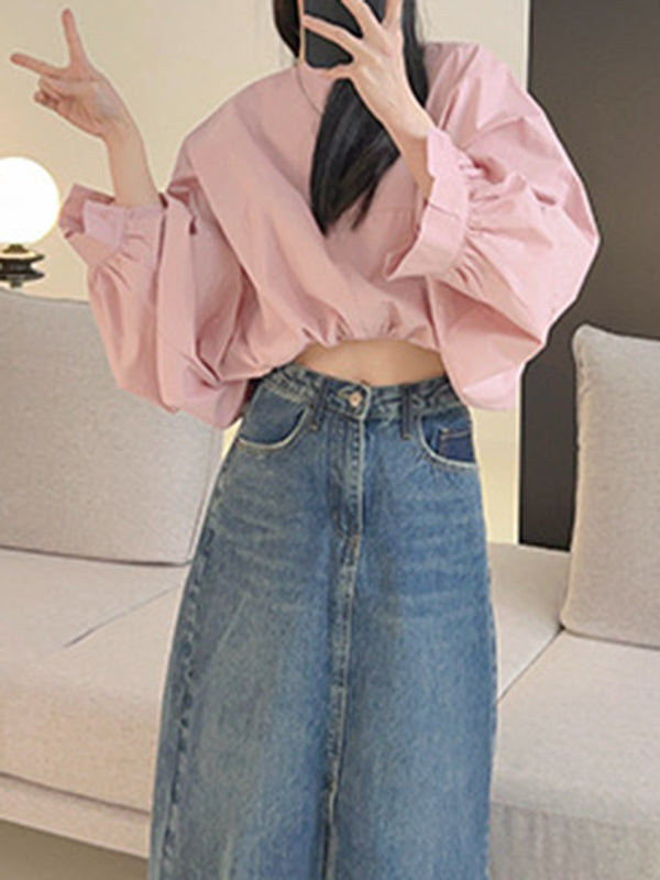 Batwing Sleeves Loose Elasticity Solid Color Round-Neck Blouses&Shirts Tops