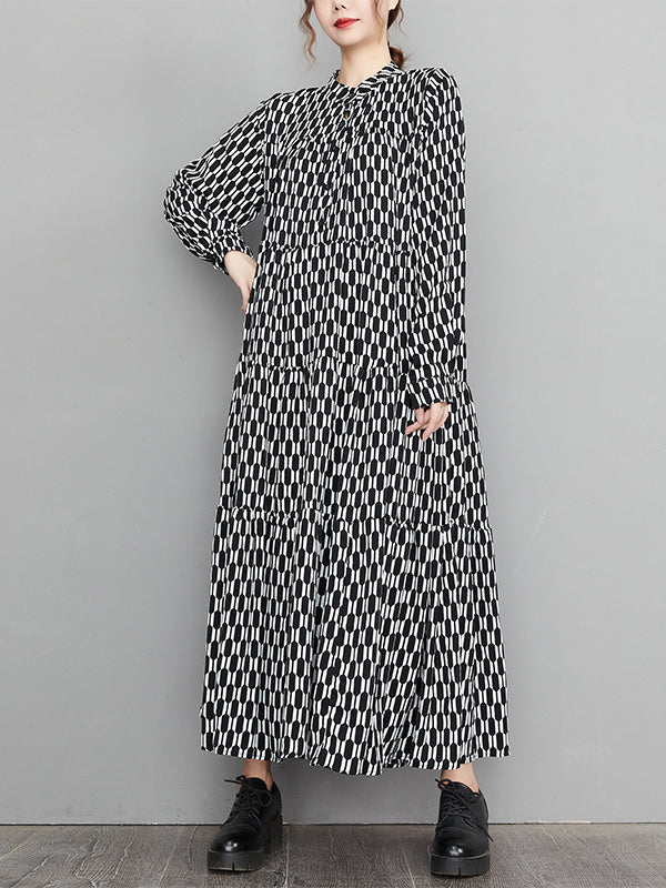 Casual Long Sleeves Loose Buttoned Contrast Color Printed Split-Joint Stand Collar Midi Dresses