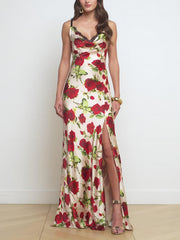 Vintage Satin Rose Print Sexy V-Neck Slit Maxi Dress