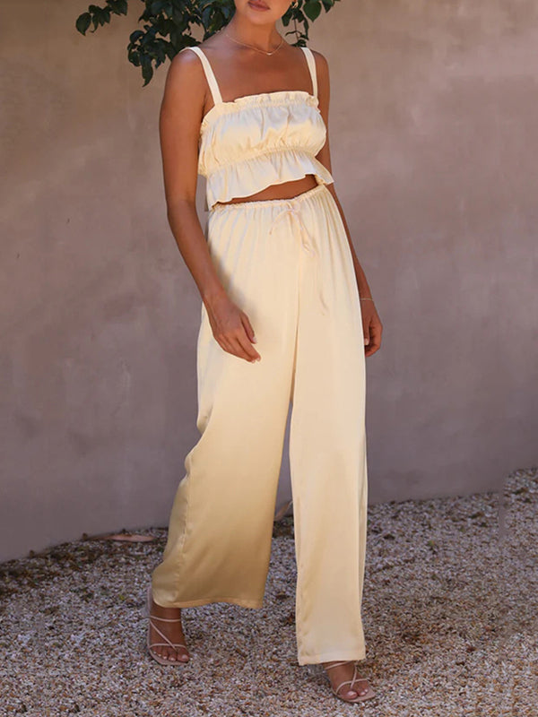 Elasticity Pleated Solid Color Spaghetti-Neck Tops + High Waisted Drawstring Pants Trousers Two Pieces Set