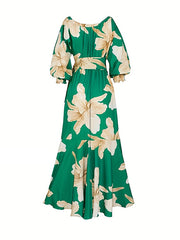 High-Low Long Sleeves Elasticity Flower Print Split-Joint Tied Waist Round-Neck Maxi Dresses