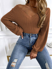 Long Sleeves Puff Sleeves Solid Color V-Neck T-Shirts Tops