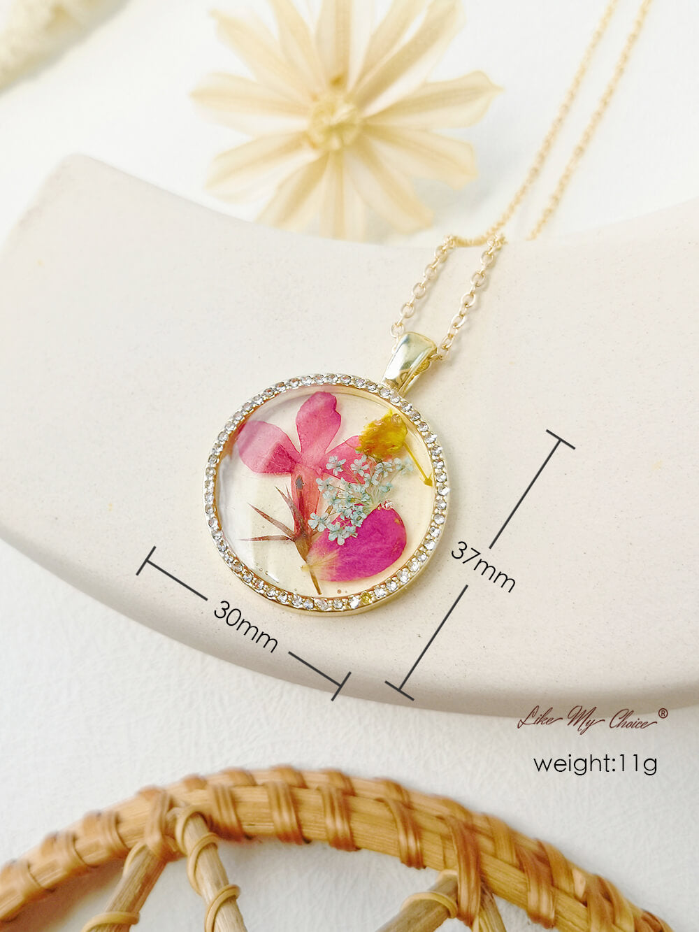 Dancing Orchid Flower Resin Round Crystal Pendant Necklace