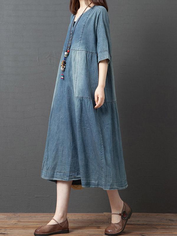 Plus Size Loose V-Neck Denim Midi Dress