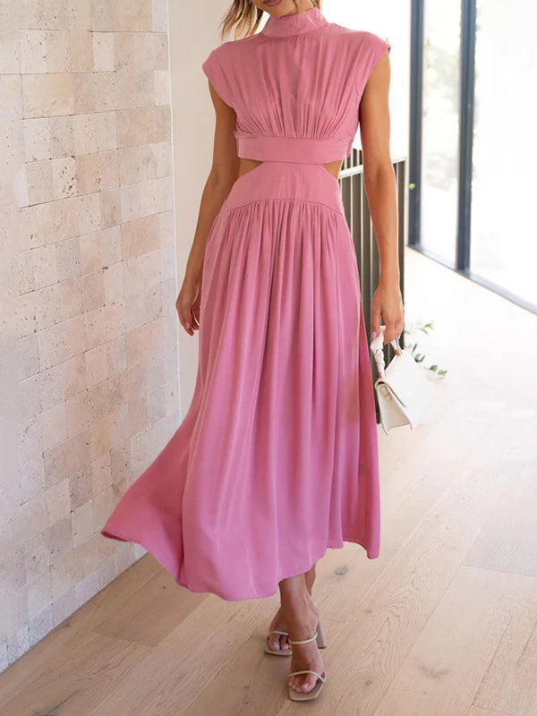 Cap Sleeve Belly-Hollow Pleated Solid Color Stand Collar Maxi Dresses