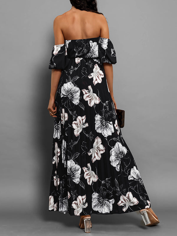 A-Line Loose Elasticity Flower Print Pleated Split-Joint Tied Waist Off-The-Shoulder Maxi Dresses