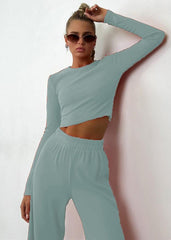 Sleek Comfort - Long Sleeve Crop Top and Wide-Leg Pants Set