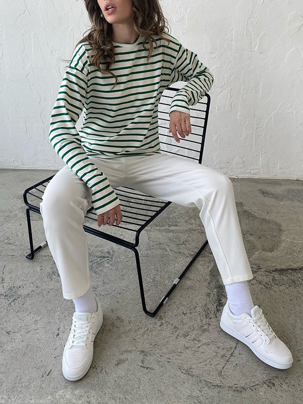 Long Sleeves Loose Striped Round-Neck T-Shirts Tops