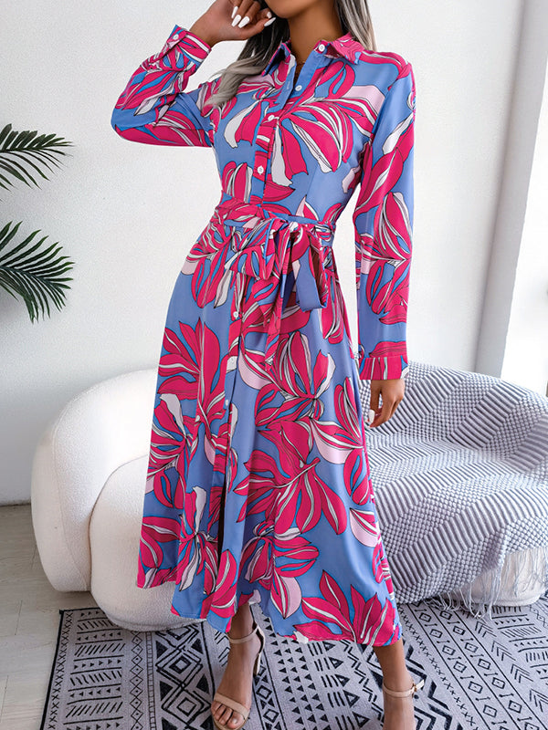 Long Sleeves Loose Printed Split-Joint Tied Waist Lapel Shirt Dress