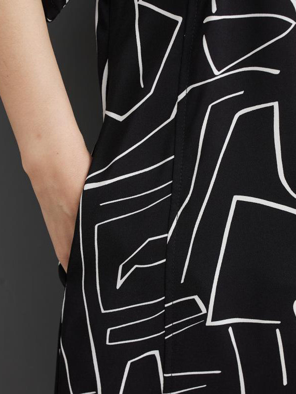 Loose Abstract Printed Lapel Midi Dresses