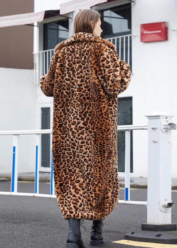 Leopard Print Faux Fur Long Coat with Suit Collar