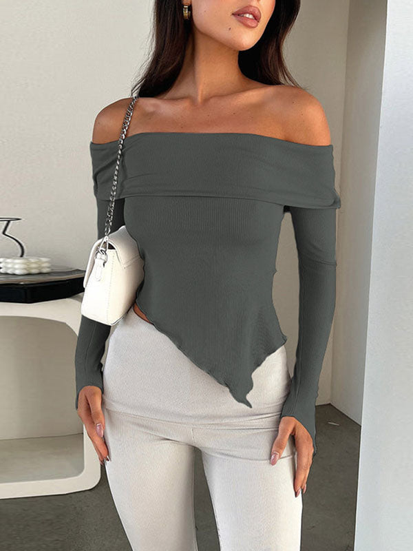 Irregular Clipping Long Sleeves Solid Color Off-The-Shoulder T-Shirts