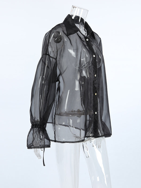 Long Sleeves Loose Buttoned Drawstring See-Through Lapel Blouses&Shirts Tops