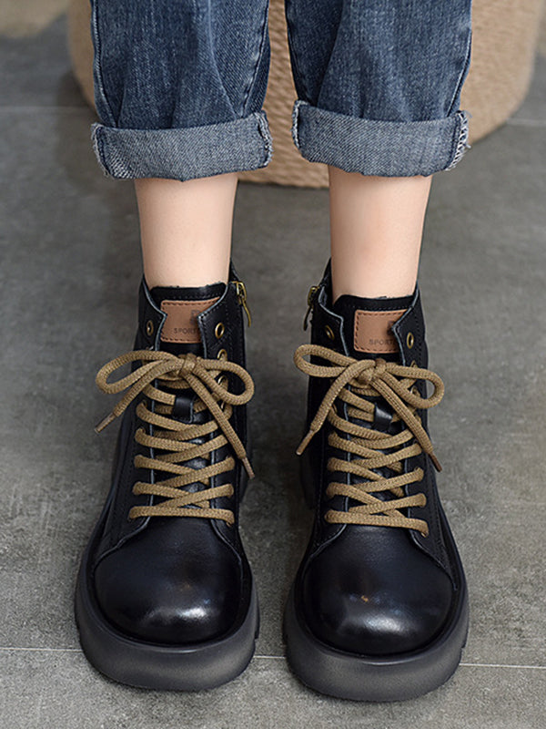 Cow Leather Lace-Up Zipper Martin Booties