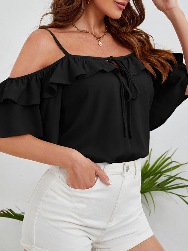 Half Sleeves Loose Ruffle Trim Solid Color Tied Off-the-shoulder Blouses&shirts Tops