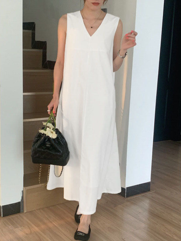 Loose Sleeveless Solid Color V-Neck Midi Dresses