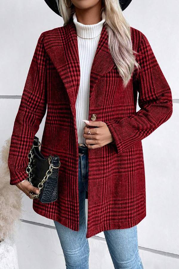 Style Collection Plaid Collared Neck Long Sleeve Jacket